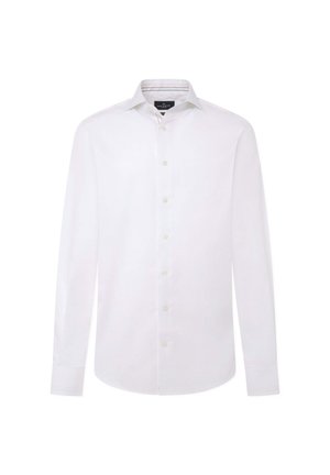 Camisa blanca de manga larga hecha de algodón, con cuello abotonado, botonera frontal completa y diseño liso sin patrones.