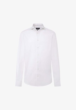 Bílá košile s dlouhým rukávem vyrobená z bavlny, s límečkem na knoflíky, plným zapínáním na knoflíky vpředu a jednoduchým designem bez vzorů.