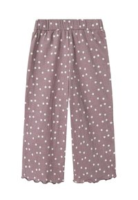 Pantalon mauve clair en tissu texturé, orné de pois blancs, avec une taille élastique et un ourlet festonné. Design à jambe large.