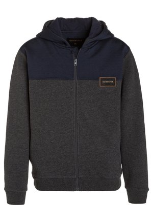 Herre-zip-hoodie med mørkegrå krop, marineblå skulderstykke og hætte, lange ærmer, ribstrikkede manchetter og Quiksilver-logo på brystet.
