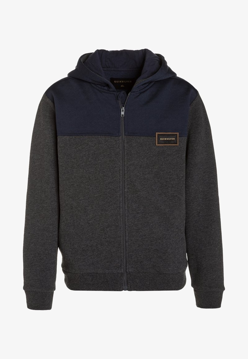 Felpa con cappuccio da uomo con zip, corpo grigio scuro, spalle e cappuccio blu navy, maniche lunghe, polsini a costine e patch con logo Quiksilver sul petto.