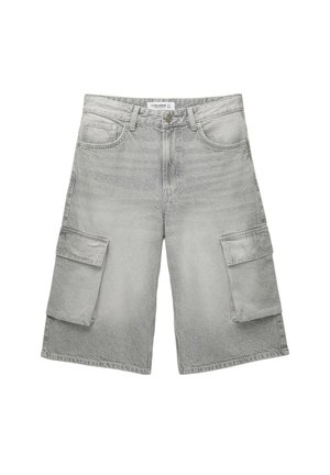 Grijze denim cargo shorts met een ontspannen pasvorm, voorzien van een gestructureerd oppervlak, twee grote zijzakken en een klassieke vijf-pocketontwerp.