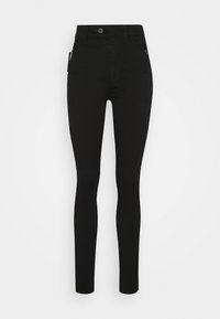 Jeans ajustados negros, de tiro alto, hechos de denim, con bolsillos delanteros con cremallera, cierre de botón y un diseño ajustado.