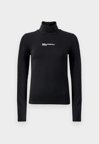 Crna dugih rukava majica s visokom ovratnikom izrađena od rastezljivog materijala. Sadrži bijeli logo s natpisom "KARL LAGERFELD JEANS" na prsima. Glatka tekstura.