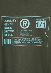 Tmavě olivově zelené tričko s potiskem v aqua modré barvě, včetně textu a čárového kódu, který zdůrazňuje značku a detaily produktu. Měkká bavlněná textura.