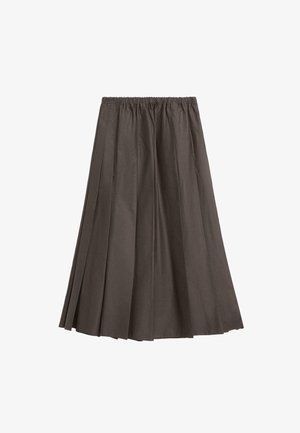 Faltenrock aus dunkelbraunem Stoff. Der Bund ist elastisch. Volle Länge mit glatter Textur und fließender Silhouette.