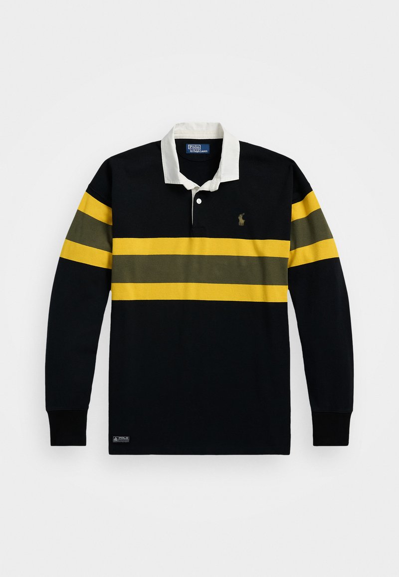 Koszula polo z długim rękawem w kolorze granatowym z białym kołnierzykiem i poziomymi paskami w kolorze żółto-zielonym. Posiada logo na lewej piersi oraz ściągacze przy rękawach.