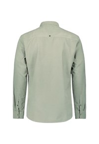 Lange mouwen shirt van lichtgroene katoen. Heeft een button-down kraag en knoopmanchetten. Glad oppervlak met een enkele knoopdetail op de rug.