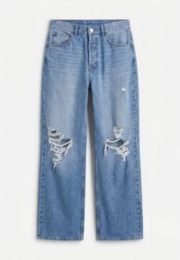 Μπλε τζιν παντελόνι με ψηλή μέση, φαρδιές ποδιές, εμπρόσθιες τσέπες και σκισμένα σημεία και στις δύο γόνατες.