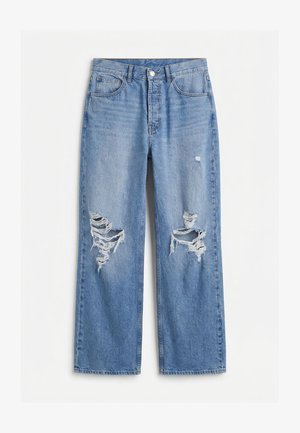 Jean en denim bleu à taille haute, jambes larges, poches avant, et zones déchirées usées sur les deux genoux.
