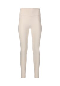 Leggings beige a vita alta realizzati in un tessuto elastico e liscio. Presentano una silhouette aderente e un design senza cuciture, senza hardware visibile.