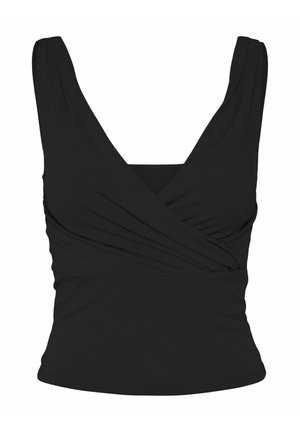 Schwarzes ärmelloses Oberteil mit tiefem V-Ausschnitt und gerafftem Vorderdesign. Aus weichem, dehnbarem Stoff gefertigt; körperbetonte Silhouette, glatte Textur.