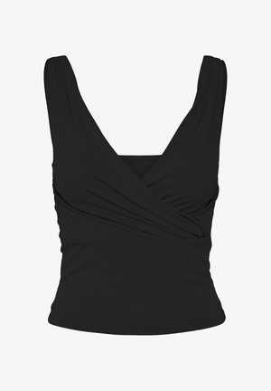 Schwarzes ärmelloses Oberteil mit tiefem V-Ausschnitt und gerafftem Vorderdesign. Aus weichem, dehnbarem Stoff gefertigt; körperbetonte Silhouette, glatte Textur.