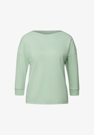 Lichtgroene, langetermijn top met een brede, geribbelde halslijn en aansluitende manchetten. Gemaakt van gladde stof met een relaxte pasvorm.