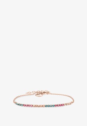 Verstelbare armband van roségoud met een rij multi-kleurige kralen in roze, blauw en helder. Eenvoudig kettingontwerp.