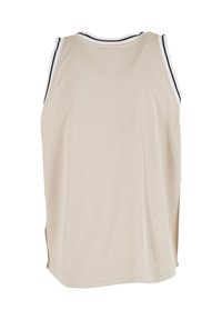 Beezivärvi ilmaõlga tank top, mis on valmistatud võrgukangast, omab soonilise mustri valget ja tumedat riba kaelust. Sile tekstuur, lõdva istuvusega ja ümaral äär.