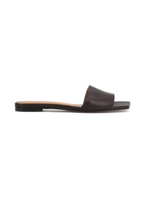 Flat black slide sandal with a wide strap over the foot and a slightly squared toe design on a plain white background.