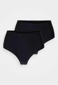 Black high-waisted underwear set, featuring a smooth texture and lined edges, designed for comfort with minimal seams.