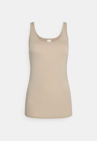 Beige ribbed tank top with a scoop neckline, made from soft material, featuring thin straps and a fitted silhouette.