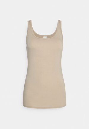 Beige ribbed tank top with a scoop neckline, made from soft material, featuring thin straps and a fitted silhouette.