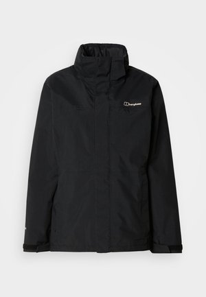 Jachetă impermeabilă neagră, cu guler înalt, închidere cu fermoar și manșete reglabile. Are un logo pe piept și o textură fină, mată.