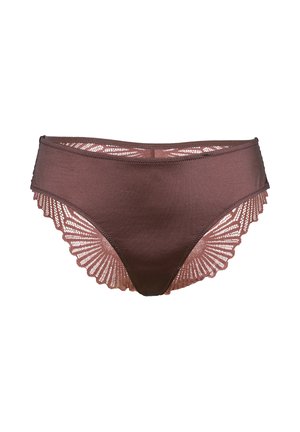 Biancheria intima marrone da donna con parte frontale solida e dettagli in pizzo ai lati e sul retro, che offre una combinazione di comfort e stile delicato.
