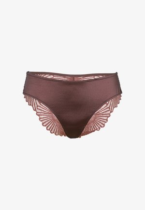 Biancheria intima marrone da donna con parte frontale solida e dettagli in pizzo ai lati e sul retro, che offre una combinazione di comfort e stile delicato.