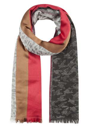 Multicolor scarf with vertical stripes in beige, red, gray animal print, and black camo patterns, featuring fringed edges.