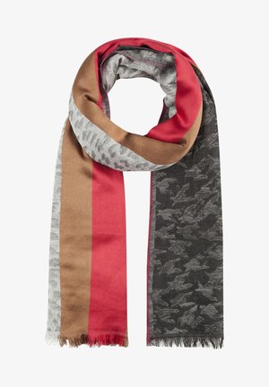 Écharpe multicolore à rayures verticales beige, rouge, imprimé animal gris et motifs camouflage noirs, avec des bords frangés.