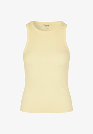 Bezrekawnik prążkowany w jasnym żółtym kolorze z okrągłym dekoltem i przylegającym krojem, rozmiar mały, prezentowany na białym tle.