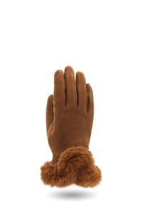 Guanto in suede marrone con morbido bordo in pelliccia attorno al polso, mostrato in posizione eretta su uno sfondo bianco.