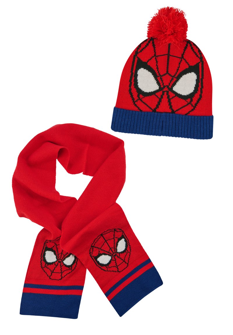 Red knitted beanie with Spider-Man face design and pom-pom, paired with a matching red scarf featuring Spider-Man head detail and blue stripes.