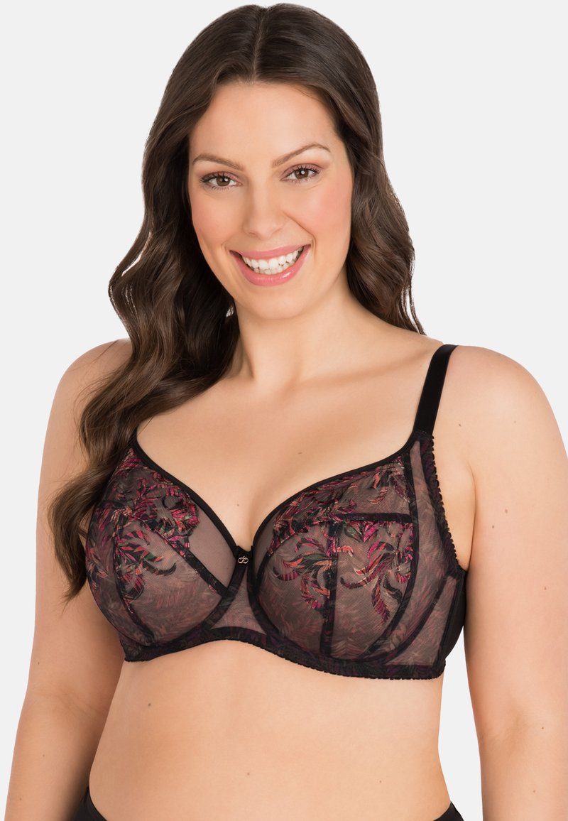 Black sheer bra with floral embroidery in red and purple. Features underwire, adjustable straps, and decorative detailing at the center.