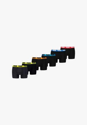 Herren-Boxershorts in Schwarz mit kontrastierenden elastischen Bündchen: Gelb, Orange, Blau und Rot. Weiche Baumwollmischung, figurbetontes Design.