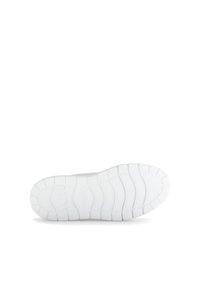 Weißer Gummisohlen mit strukturierten Rillen und Mustern. Verfügt über eine abgerundete Form und dezentes Branding. Glatte Oberfläche ohne sichtbare Abnutzung.