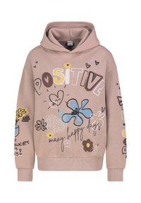 Roze hoodie met een voorzak, voorzien van kleurrijke grafische afbeeldingen van bloemen en de tekst "POSITIVE" in vetgedrukte letters. Zachte katoenen stof.