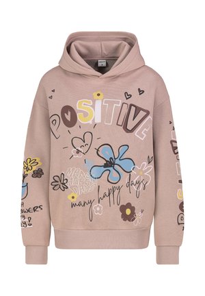 Roze hoodie met een voorzak, voorzien van kleurrijke grafische afbeeldingen van bloemen en de tekst "POSITIVE" in vetgedrukte letters. Zachte katoenen stof.
