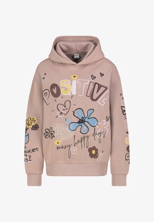 Roze hoodie met een voorzak, voorzien van kleurrijke grafische afbeeldingen van bloemen en de tekst "POSITIVE" in vetgedrukte letters. Zachte katoenen stof.