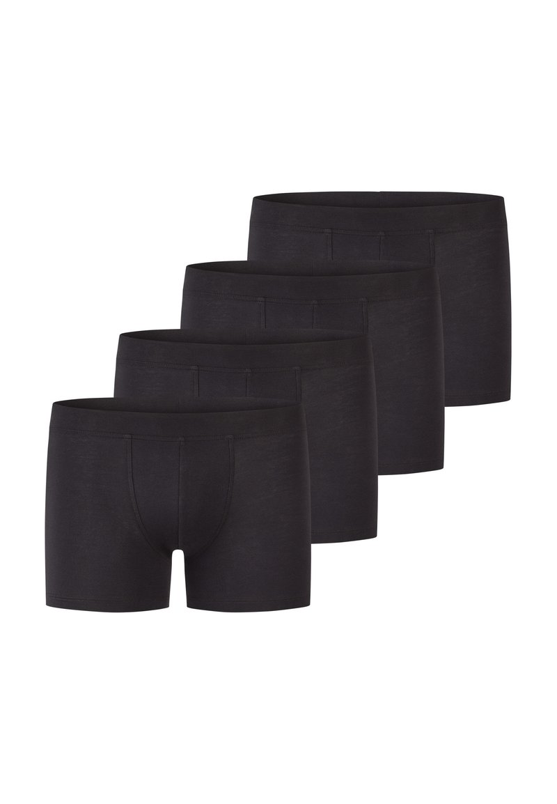 Boxer in cotone nero, confezione da quattro. Caratterizzati da una vestibilità aderente, cinture elastiche e cuciture minime per il massimo del comfort. Tessuto morbido e liscio.