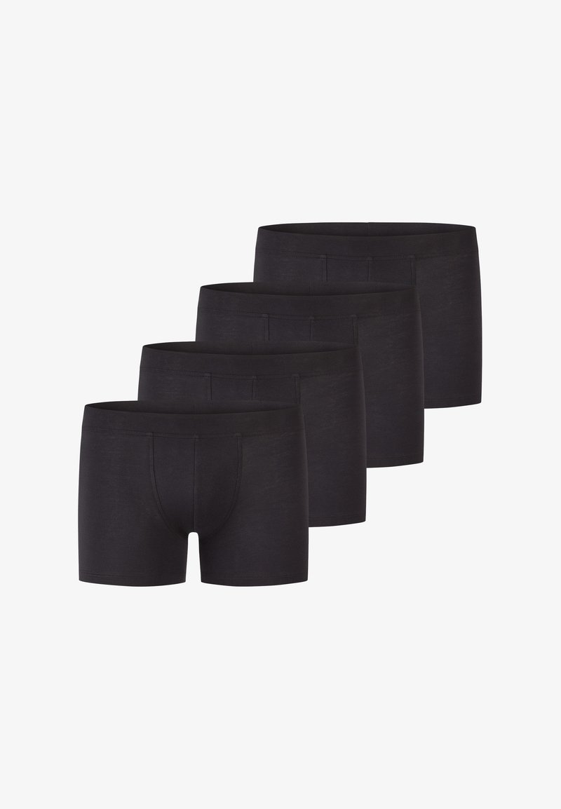 Boxer in cotone nero, confezione da quattro. Caratterizzati da una vestibilità aderente, cinture elastiche e cuciture minime per il massimo del comfort. Tessuto morbido e liscio.