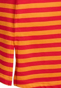Red and yellow striped fabric with a soft texture, featuring horizontal lines and a side split detail at the hem.
