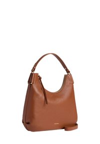 Braune Leder-Schultertasche mit strukturiertem Finish, runder Form, goldenen Akzenten und einem Reißverschluss. Verfügt über einen kurzen Griff und einen abnehmbaren Schulterriemen.