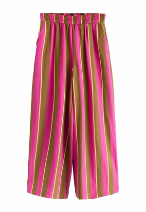 Weite Hosen mit vertikalen Streifen in Rosa, Braun und Gelb, mit elastischem Bund und Seitentaschen.