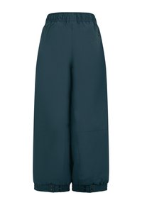 Turkosa vida byxor med elastisk midja, som har tryckknappar vid anklarna och en slät, lätt glänsande yta.