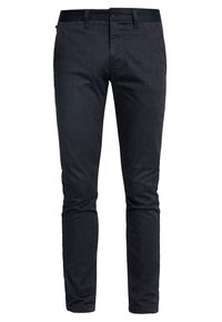 Dark blue denim trousers with a slim fit, front button closure, and belt loops. Features subtle texture and no visible patterns or accents.