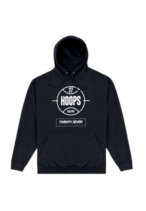 Schwarzer Kapuzenpullover mit Vordertasche, Kordelzügen und weißem Basketball-Themen-Text: "27 Hoops Ballers" und "Twenty.Seven Basketball."