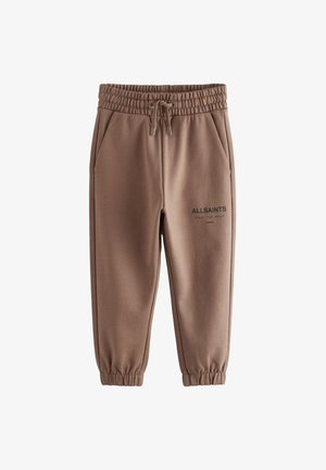 Braune Jogginghosen mit elastischem Bund und Kordelzug, Seitentaschen, elastischen Bündchen und schwarzem "ALLSAINTS" Logo mit Text am oberen linken Bein.