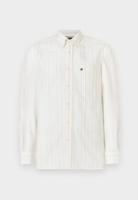 Camicia a maniche lunghe in cotone color crema chiaro con sottili righe verticali, taschino sul petto e un piccolo logo sul lato sinistro.