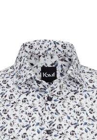 Hemd mit Knopfleiste in Weiß, mit einem blauen und grauen Blumenmuster, detailliertem Kragen und schwarzem Logo-Tag. Strukturiertem Stoff mit Knöpfen.