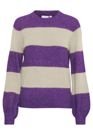 Maglione a righe viola e beige con scollo rotondo. Realizzato in un tessuto strutturato, presenta maniche lunghe e polsini a coste.